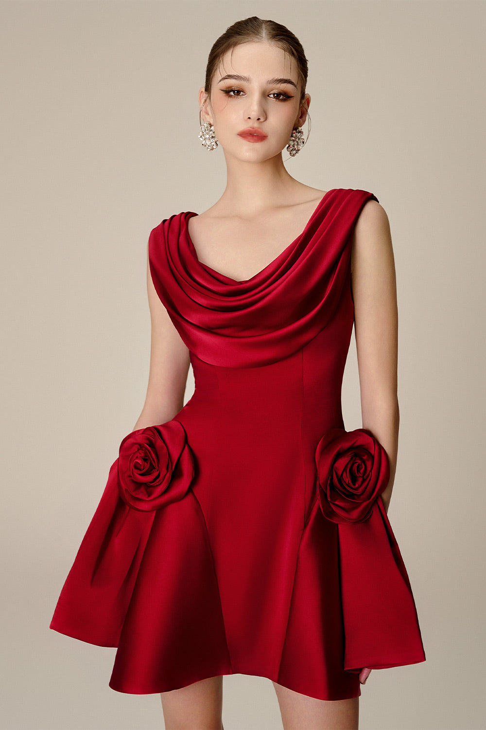 Women's Herslay Flared Cowl Neck Silk Mini Dress S/M/L/Customize Deep Red /White Cream MEAN BLVD Women's Herslay Flared Cowl Neck Silk Mini Dress S/M/L/Customize Deep Red /White Cream MEAN BLVD
