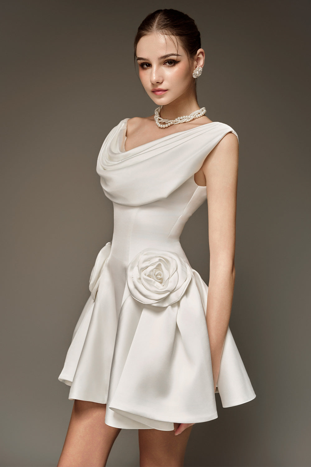 cowl neck silk mini dress Women's Herslay Flared Cowl Neck Silk Mini Dress S/M/L/Customize Deep Red /White Cream MEAN BLVD White Cream / S
