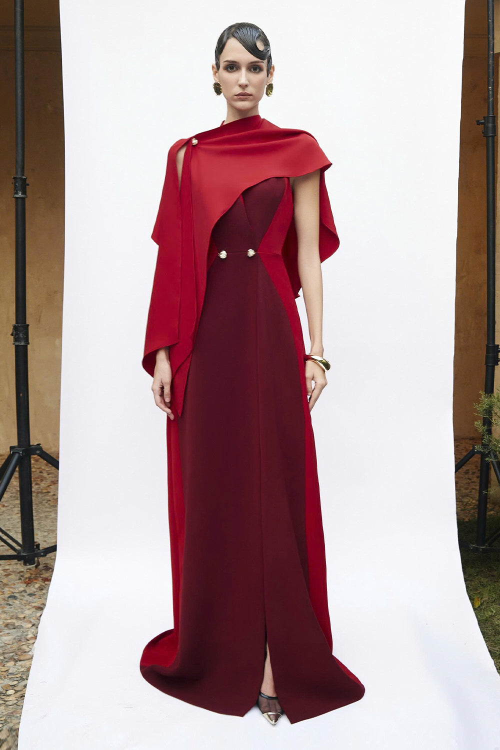 burgundy dress with cape Reiss Crafted from a durable blend of polyester and spandex Women's Harleston II Cape Sleeve