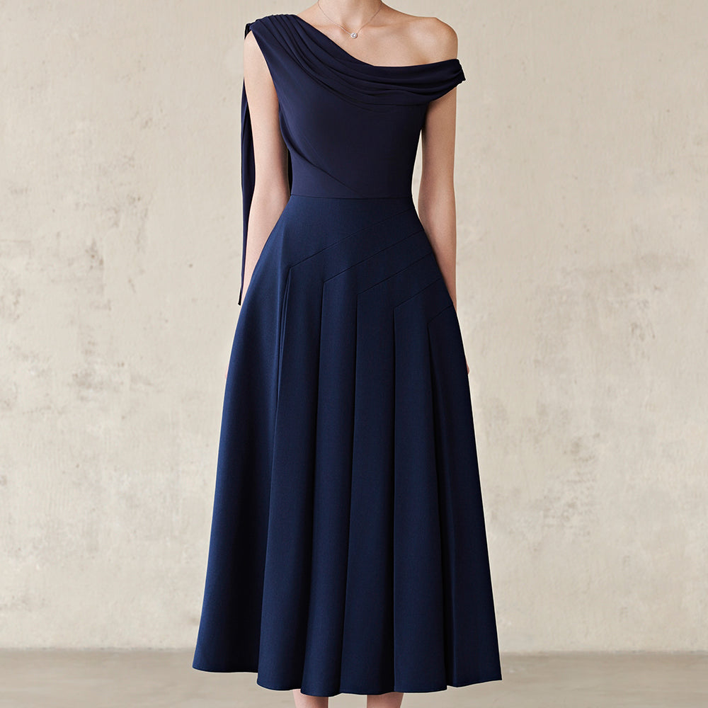 Hazel Asymmetric Neck Pleated Midi Dress - MEAN BLVD