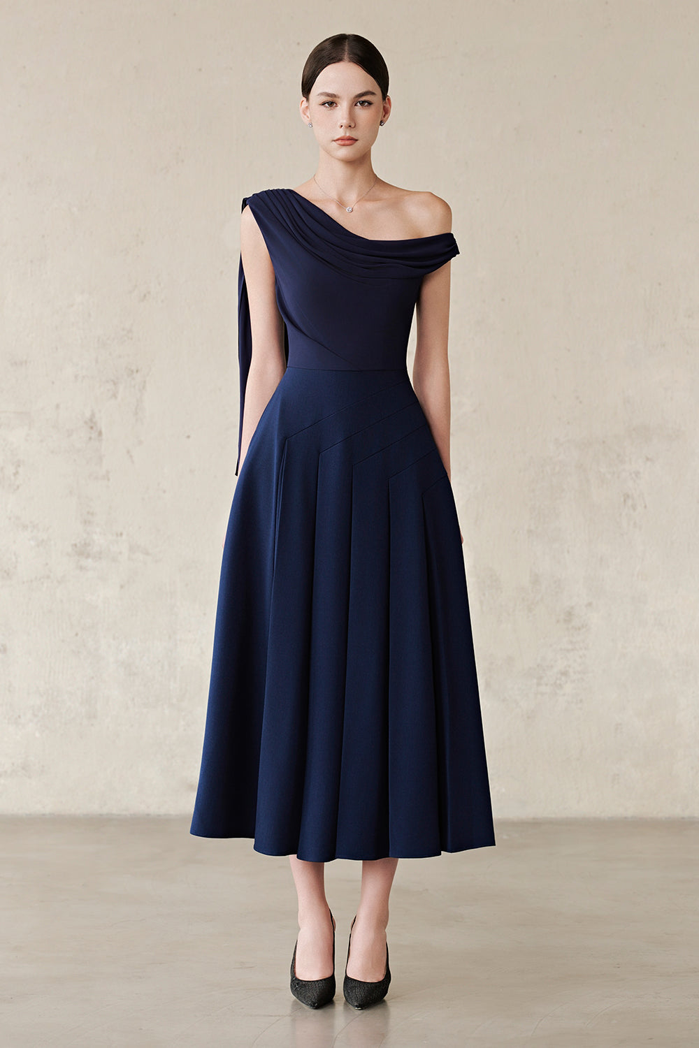 Women's Hazel Asymmetric Neck Pleated Midi Dress S/M/L/Customize Navy MEAN BLVD Navy / M