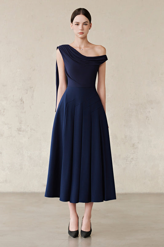 Hazel Asymmetric Neck Pleated Midi Dress - MEAN BLVD