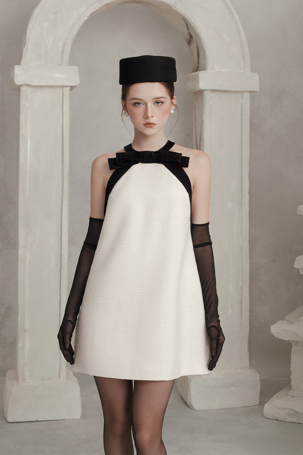 Women's Helena Halter Ribbon Mini Dress XS/S/M/L/Customize White & Black  MEAN BLVD