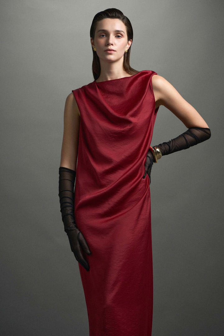 Hestia Boat Neck Draped Maxi Dress - MEAN BLVD