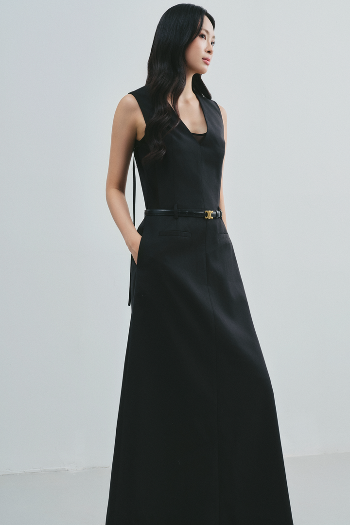 Hestia V-Neck Twill Maxi Dress - MEAN BLVD