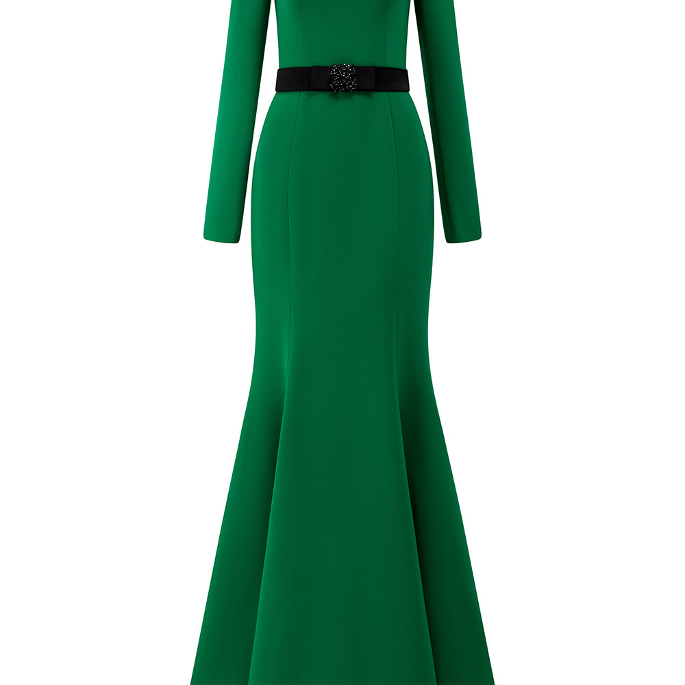 Aarna Trumpet Trapeze Neck Crepe Floor Length Dress