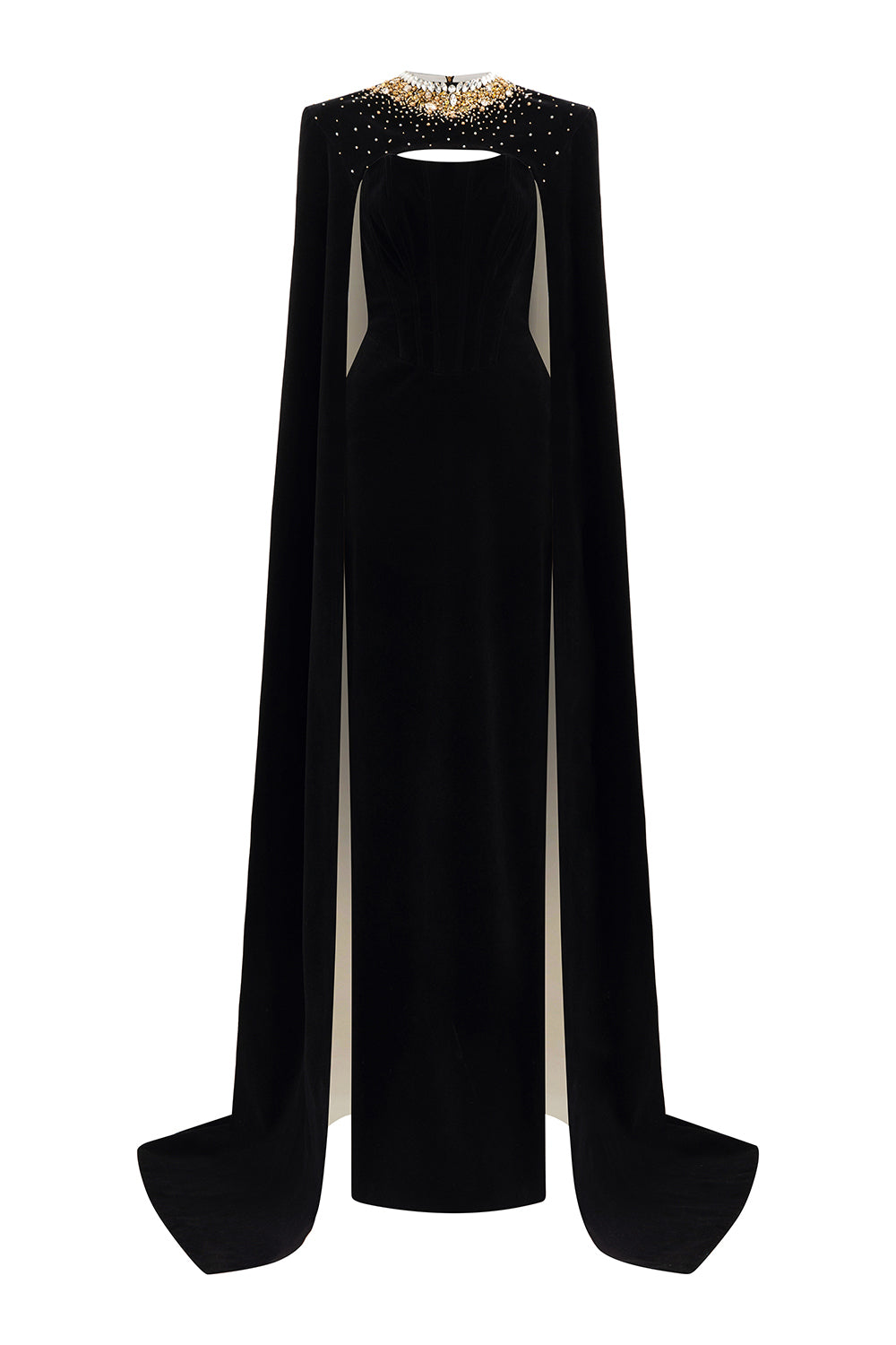 Kallie Sheath Cape Sleeved Velvet Floor Length Set