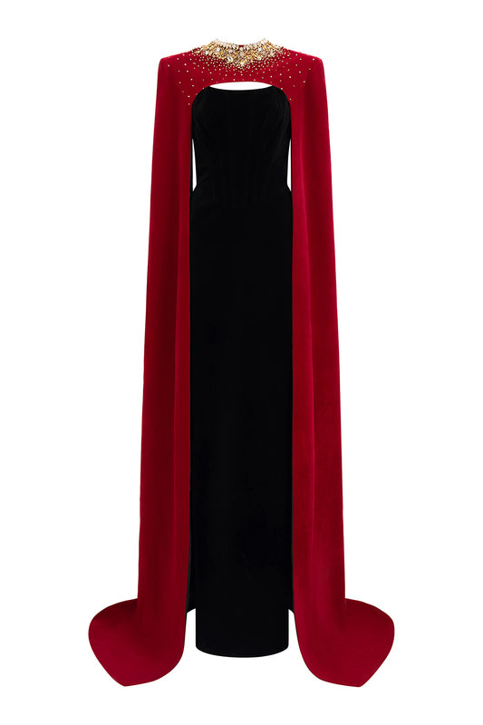 Kallie Sheath Cape Sleeved Velvet Floor Length Set