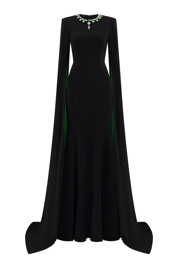 Eleanor Trumpet Hanging Sleeved Silk Crepe Floor Length Dress