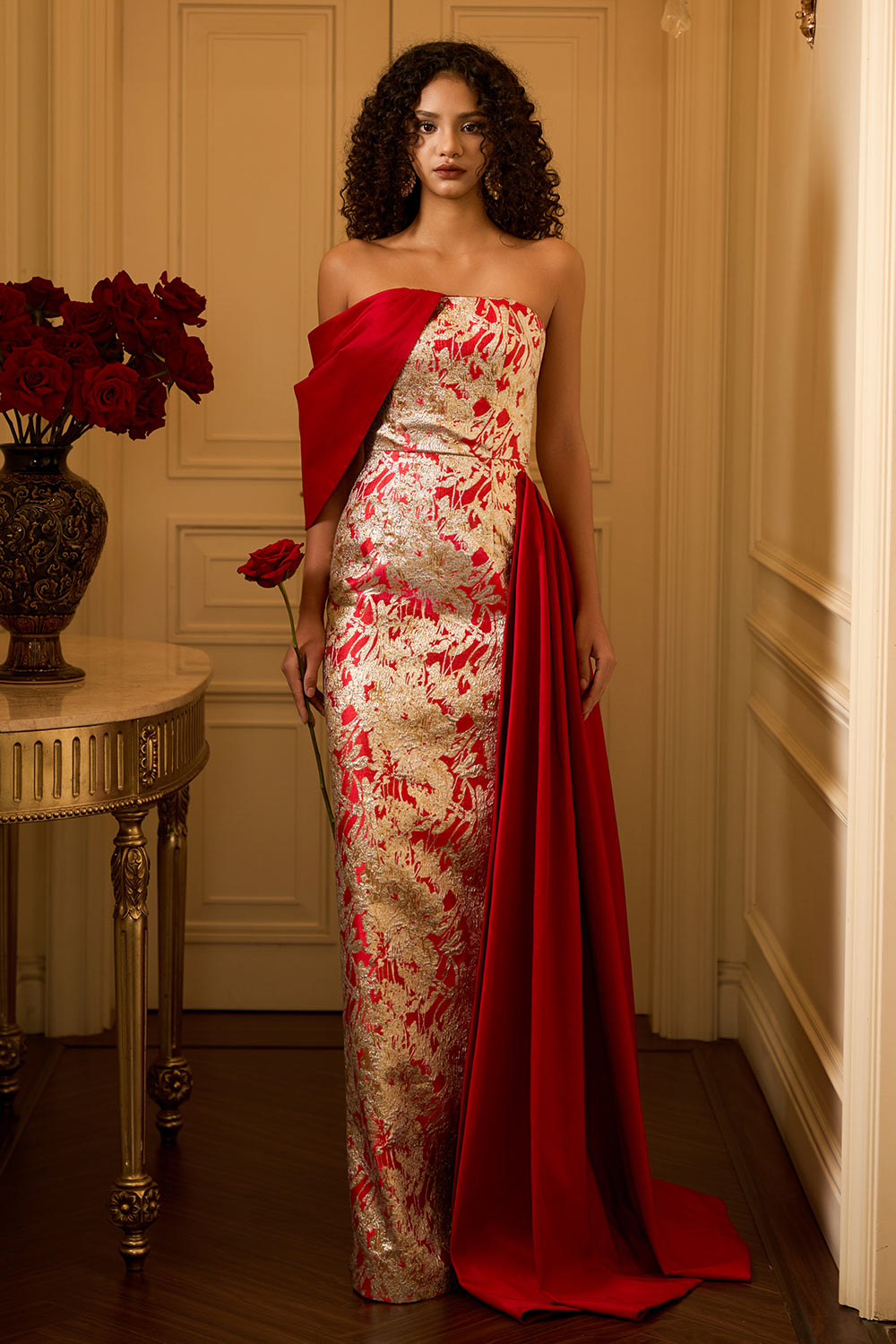 Ximena Strapless Asymmetric Jacquard Floor Length Dress