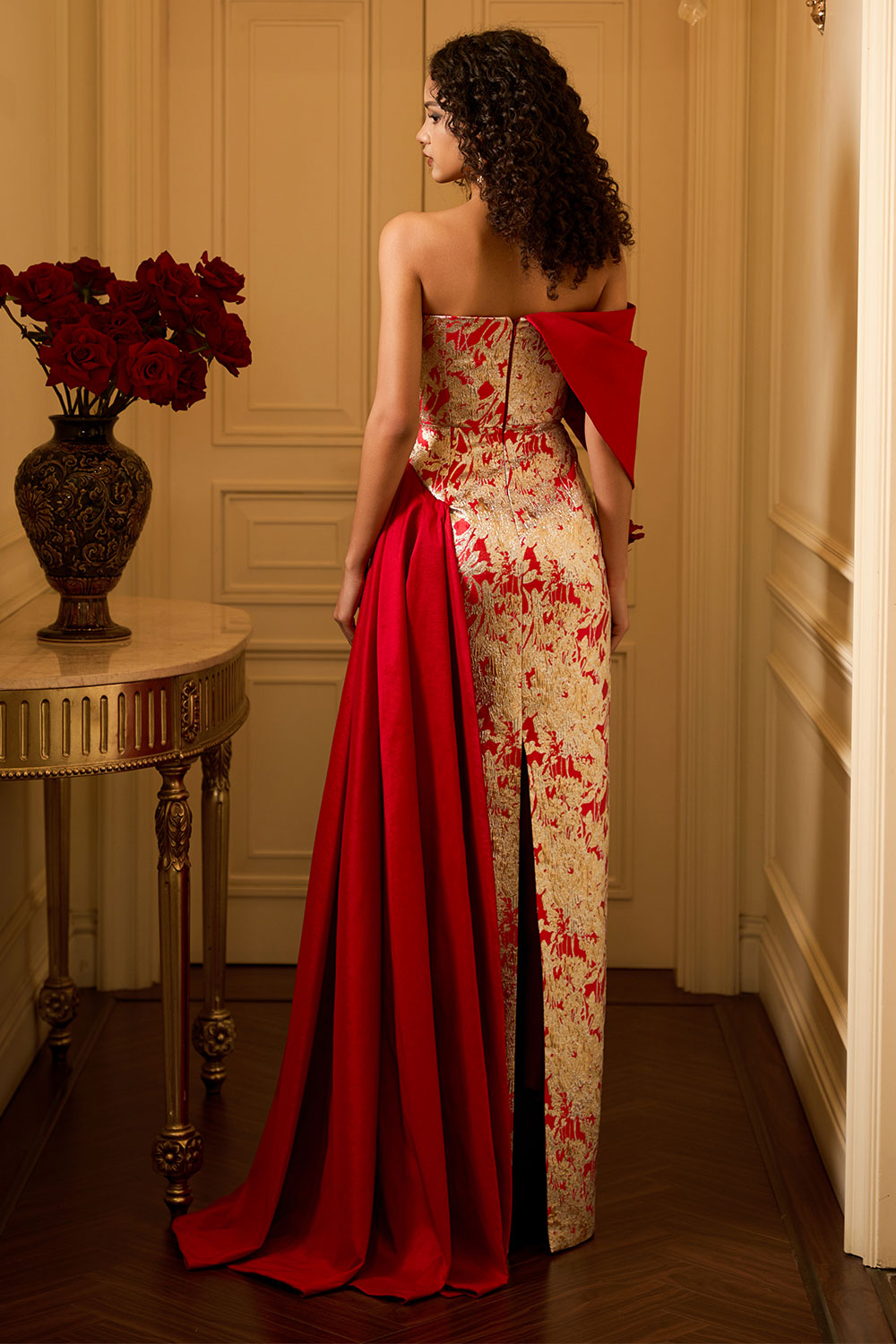 Women's Ximena Strapless Asymmetric Jacquard Floor Length Dress XS/S/M/L/XL/XXL/Customize Red Brocade MEAN BLVD Women's Ximena Strapless Asymmetric Jacquard Floor Length Dress XS/S/M/L/XL/XXL/Customize Red Brocade MEAN BLVD