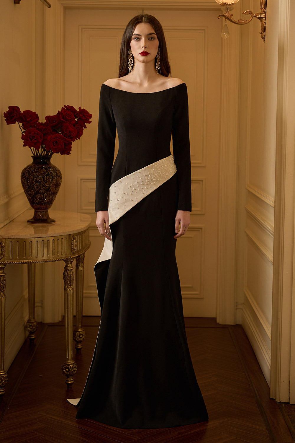 Averie Mermaid Off-Shoulder Crepe Floor Length Dress