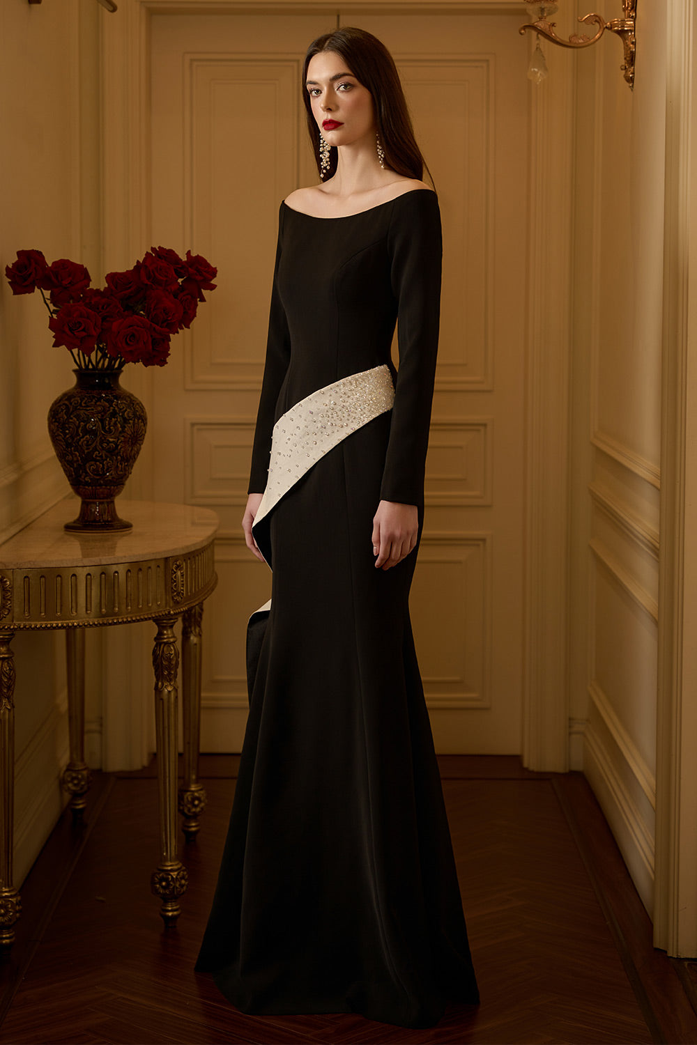 Averie Mermaid Off-Shoulder Crepe Floor Length Dress