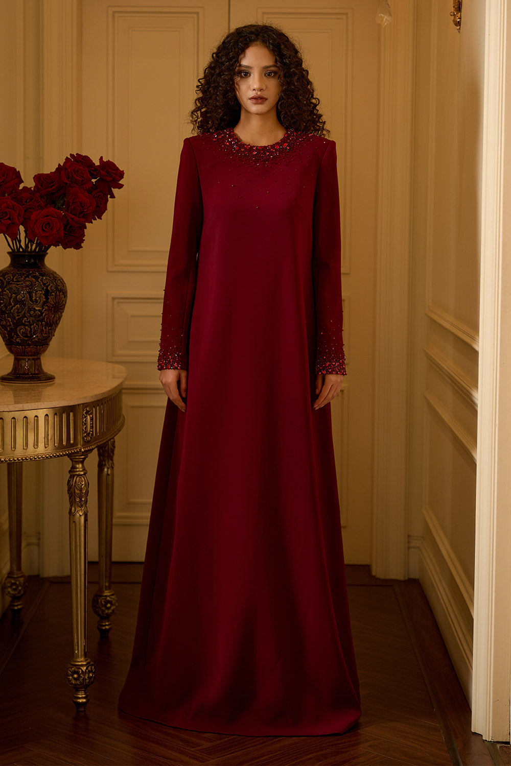 Ryann Trapezoid Jewel Neck Crepe Floor Length Dress