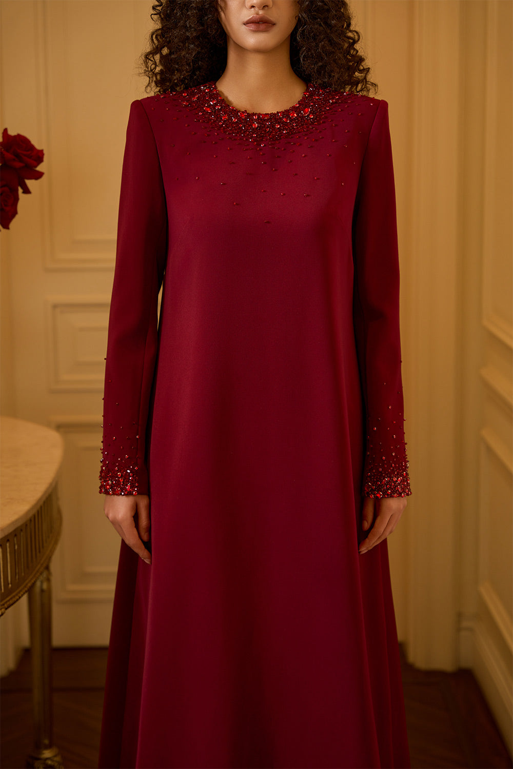 Ryann Trapezoid Jewel Neck Crepe Floor Length Dress