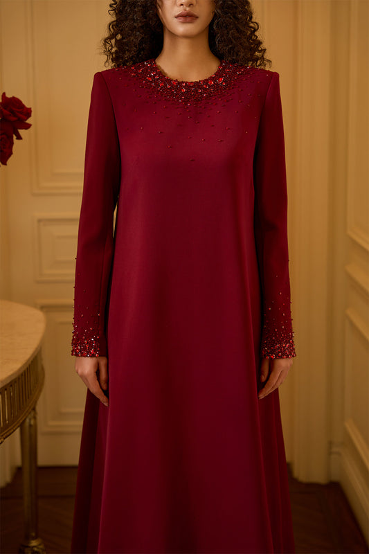 Ryann Trapezoid Jewel Neck Crepe Floor Length Dress