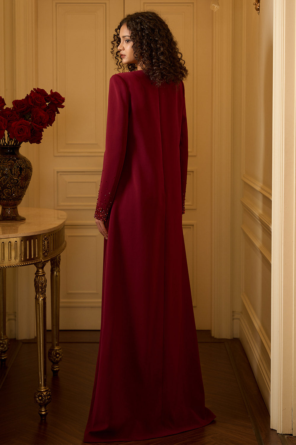 Ryann Trapezoid Jewel Neck Crepe Floor Length Dress