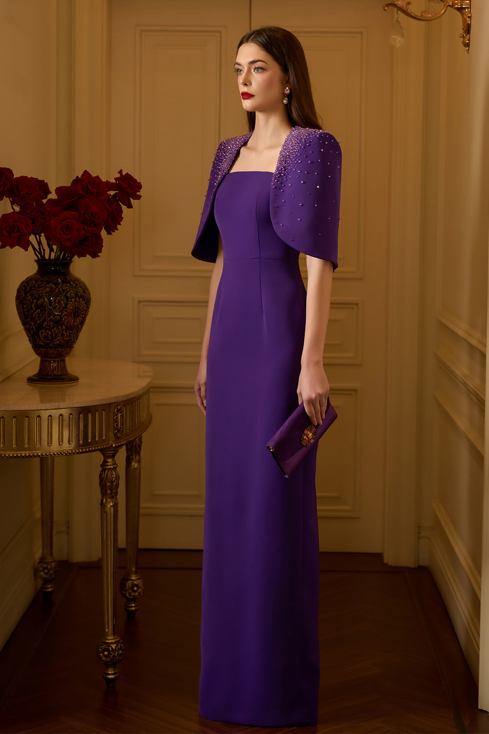 Alessia Sheath Cape Shoulder Crepe Floor Length Set