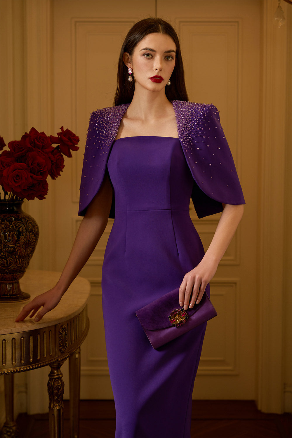 Alessia Sheath Cape Shoulder Crepe Floor Length Set