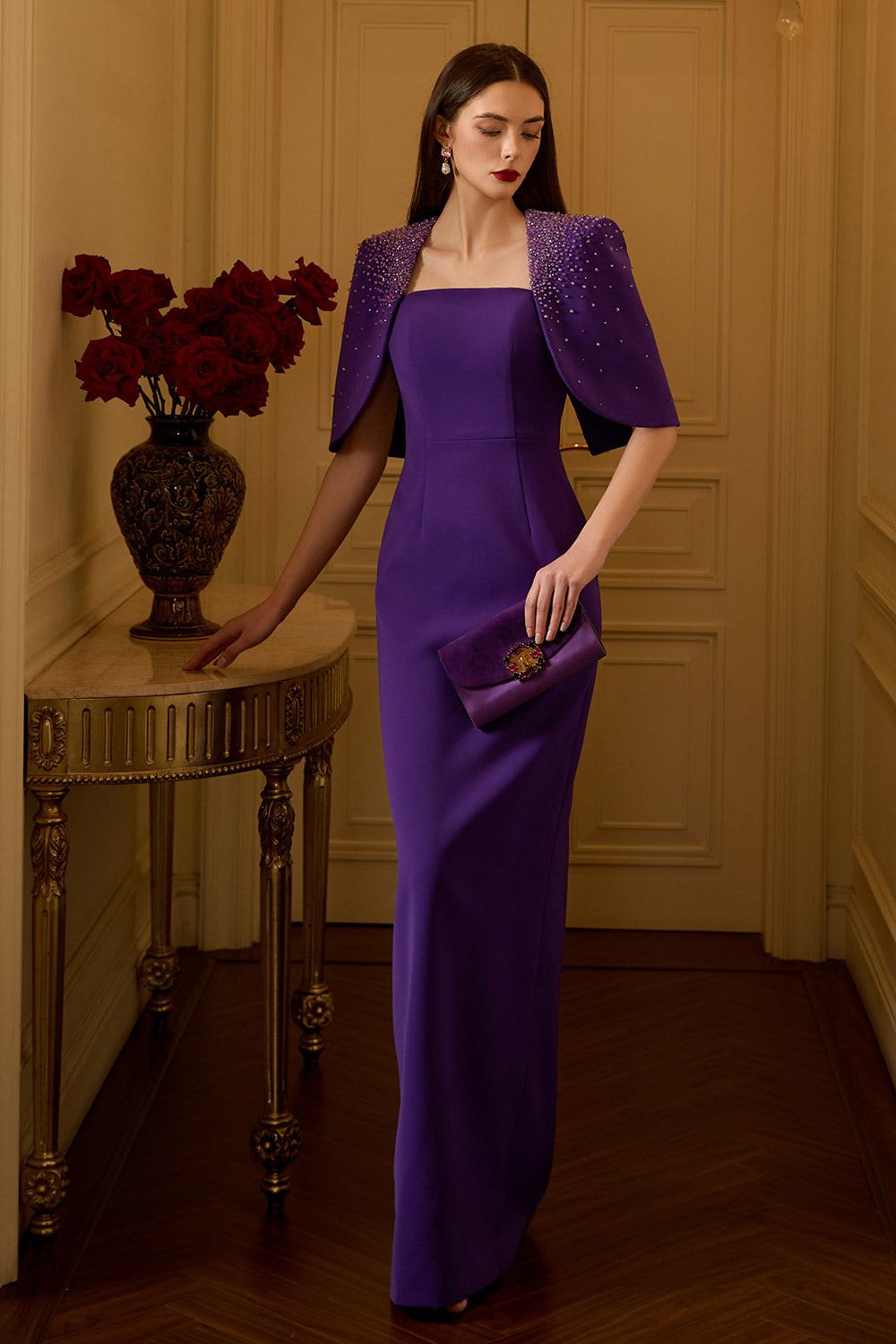 Alessia Sheath Cape Shoulder Crepe Floor Length Set