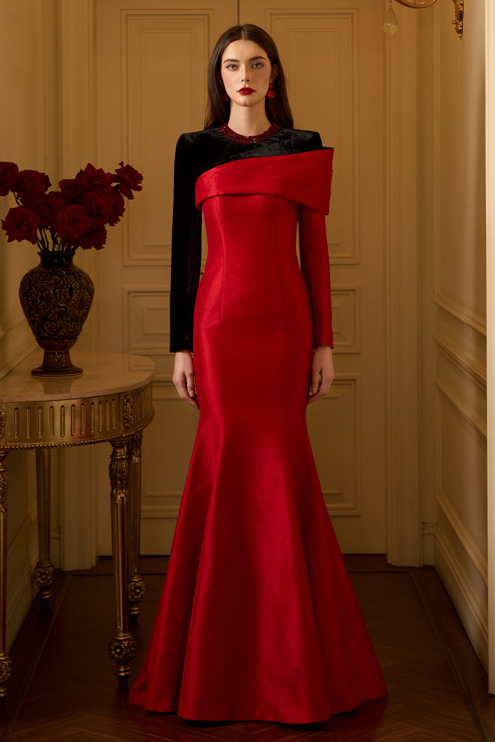 Rosalia Mermaid Long Sleeved Taffeta Floor Length Dress