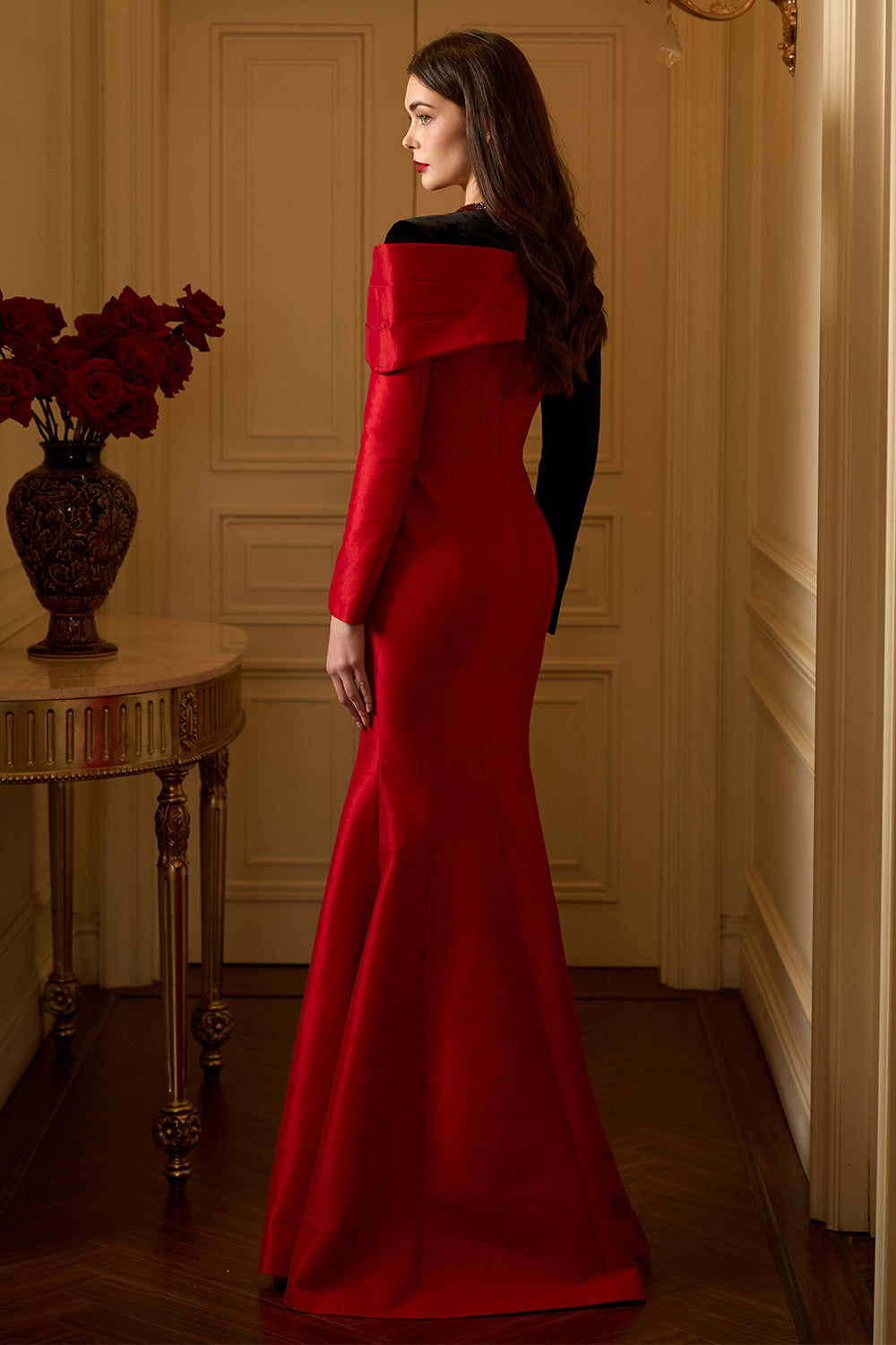 Rosalia Mermaid Long Sleeved Taffeta Floor Length Dress