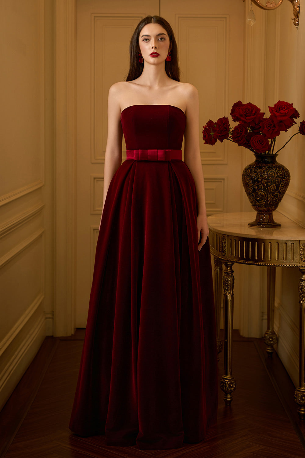 Ellen Ball Gown Straight Across Neck Velvet Floor Length Dress