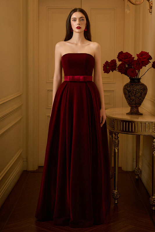 Ellen Ball Gown Straight Across Neck Velvet Floor Length Dress