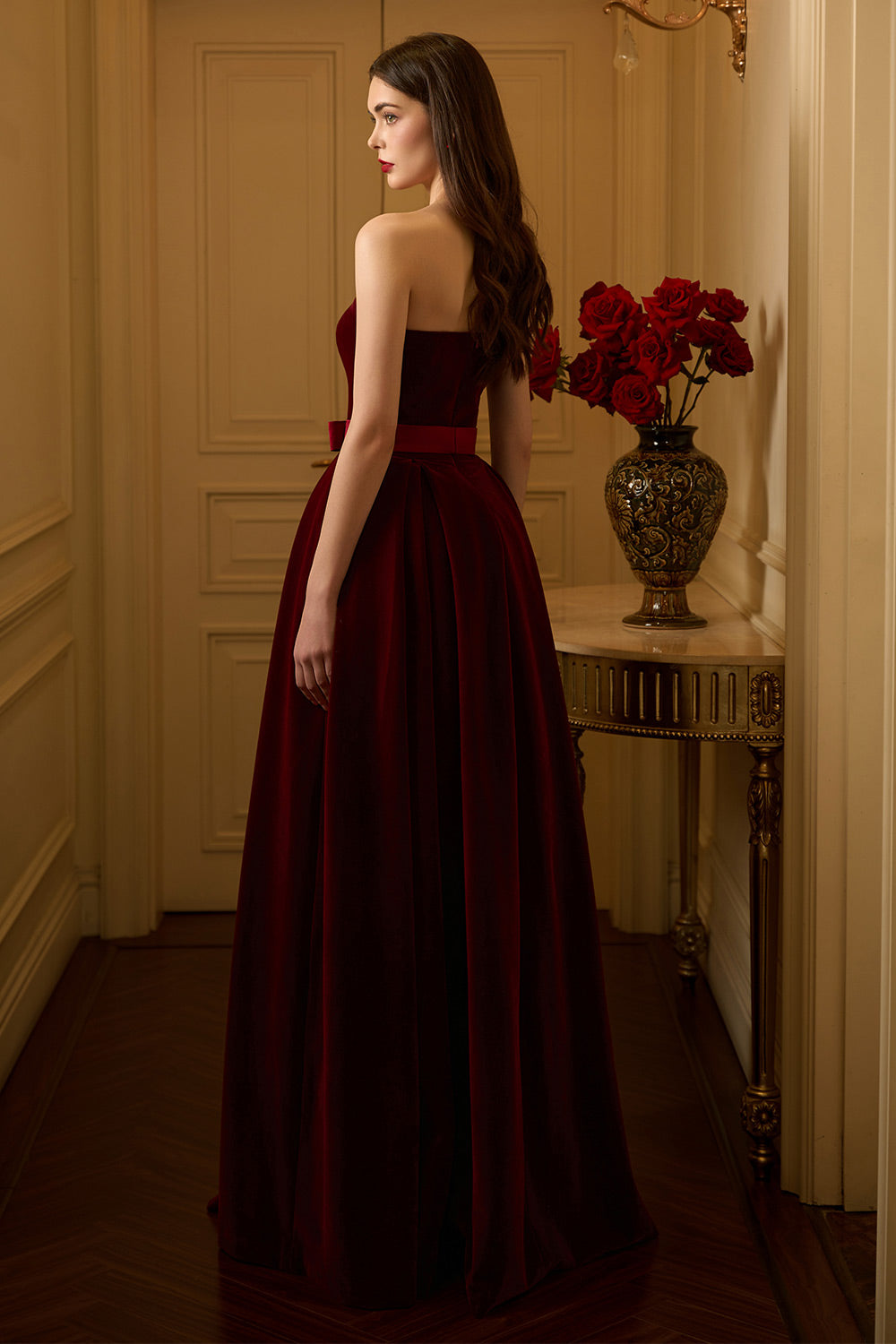 Ellen Ball Gown Straight Across Neck Velvet Floor Length Dress