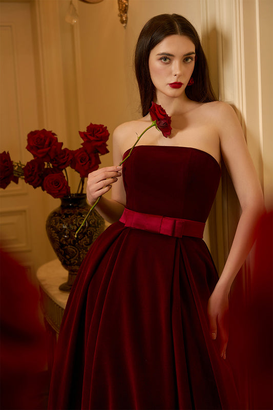 Ellen Ball Gown Straight Across Neck Velvet Floor Length Dress