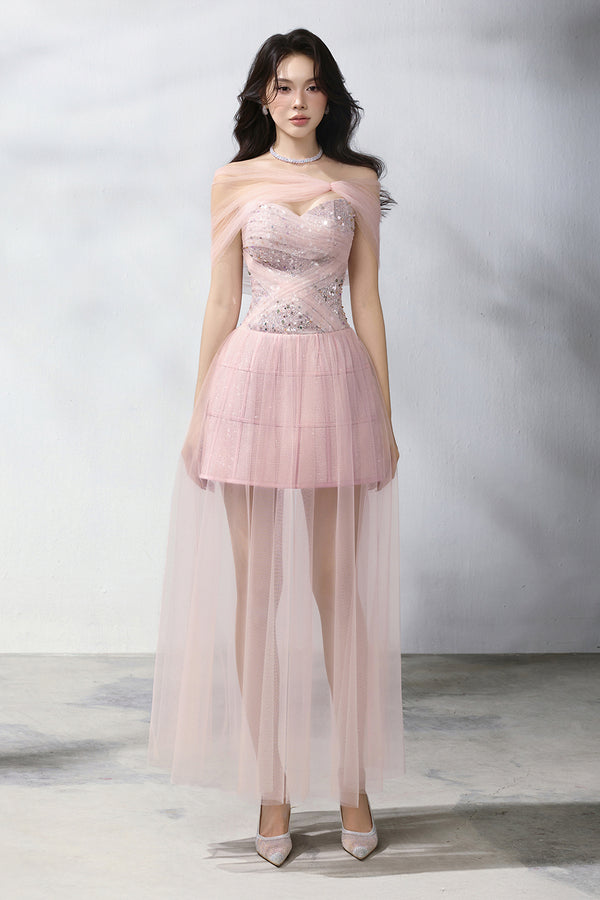 Elle A-line Asymmetric Sleeved Mesh Taffeta Maxi Dress