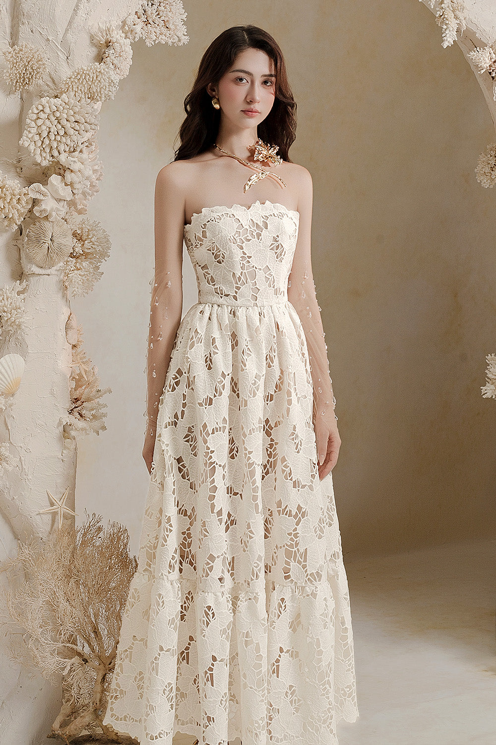 Women's Amy A-line Straight Across Neck Lace Ankle Length Dress XS/S/M/L/Customize Cream White MEAN BLVD Women's Amy A-line Straight Across Neck Lace Ankle Length Dress XS/S/M/L/Customize Cream White MEAN BLVD
