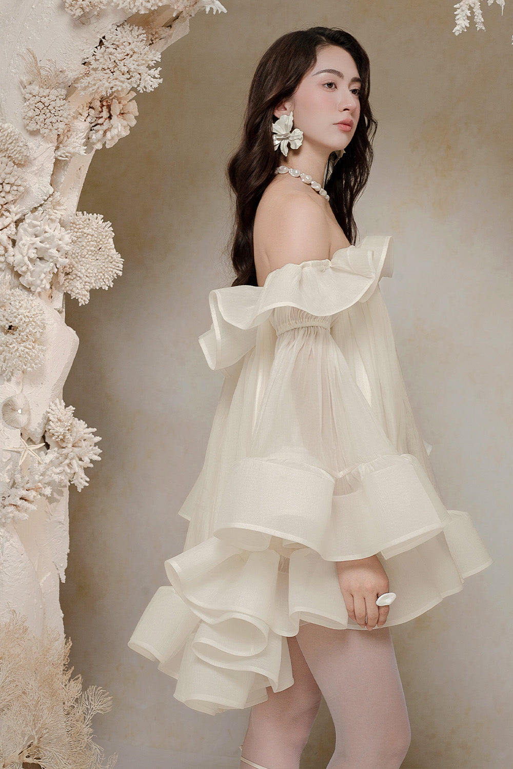 Women's Flora Babydoll Ruffle Layer Crinkle Chiffon Mini Dress Freesize Ivory MEAN BLVD Women's Flora Babydoll Ruffle Layer Crinkle Chiffon Mini Dress Freesize Ivory MEAN BLVD