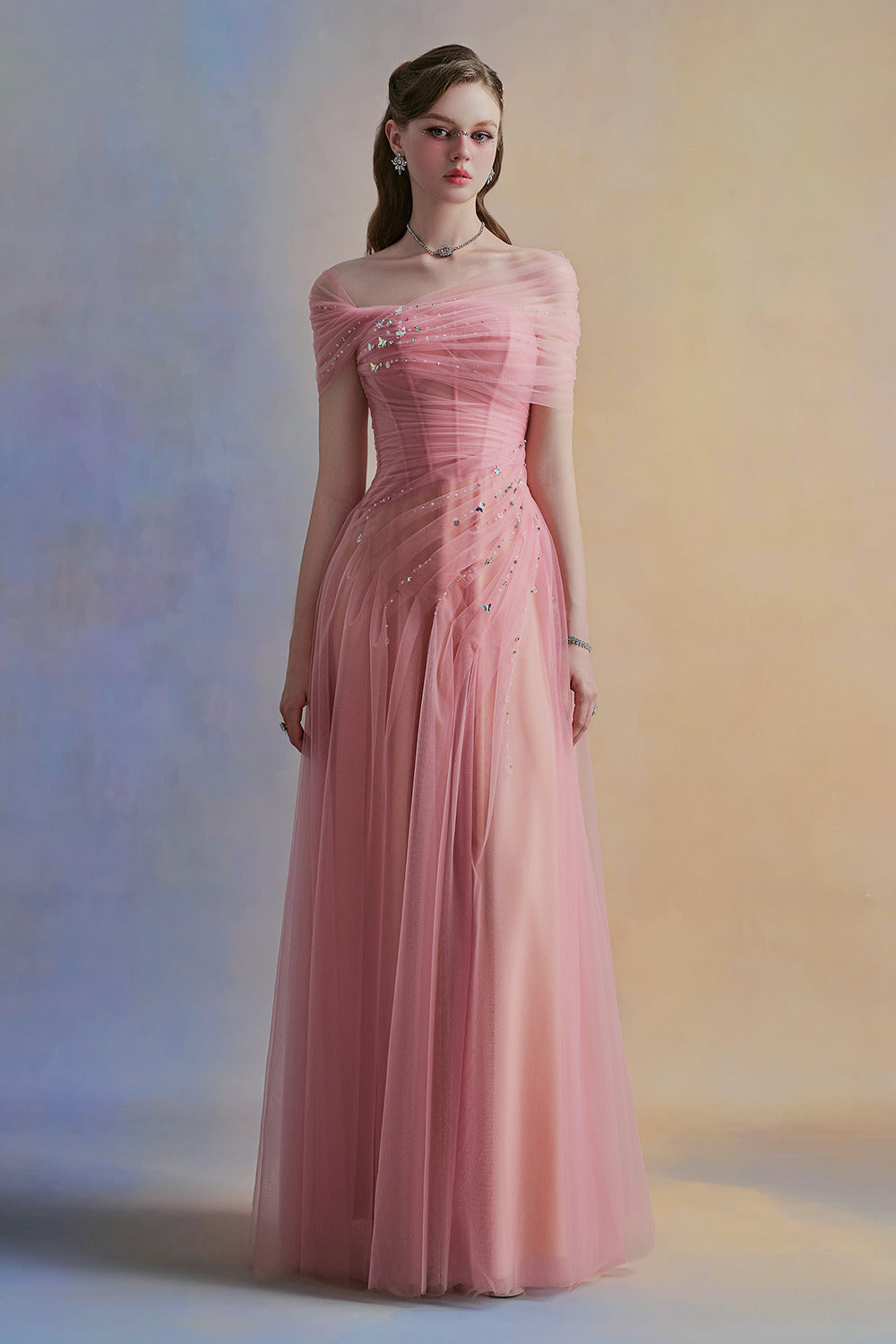 Floréa A-line Asymmetric Sleeved Tulle Floor Length Dress