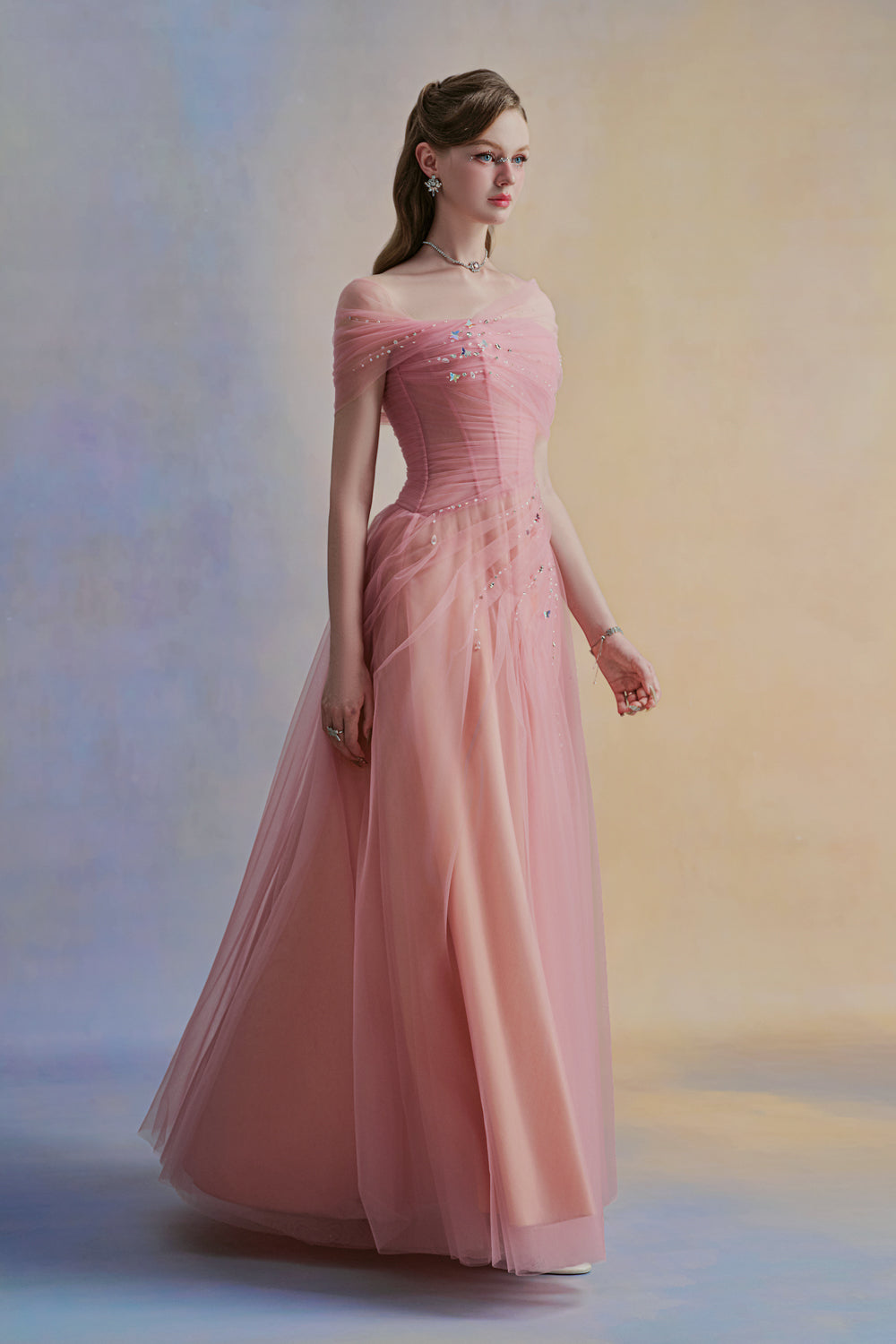 Floréa A-line Asymmetric Sleeved Tulle Floor Length Dress