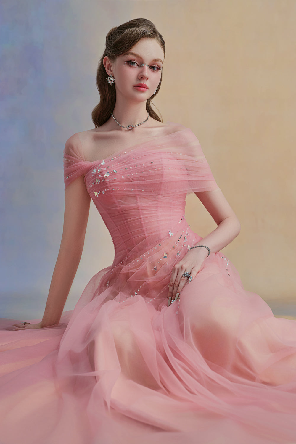 Floréa A-line Asymmetric Sleeved Tulle Floor Length Dress