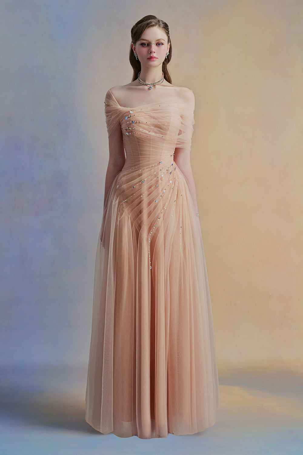 Floréa A-line Asymmetric Sleeved Tulle Floor Length Dress