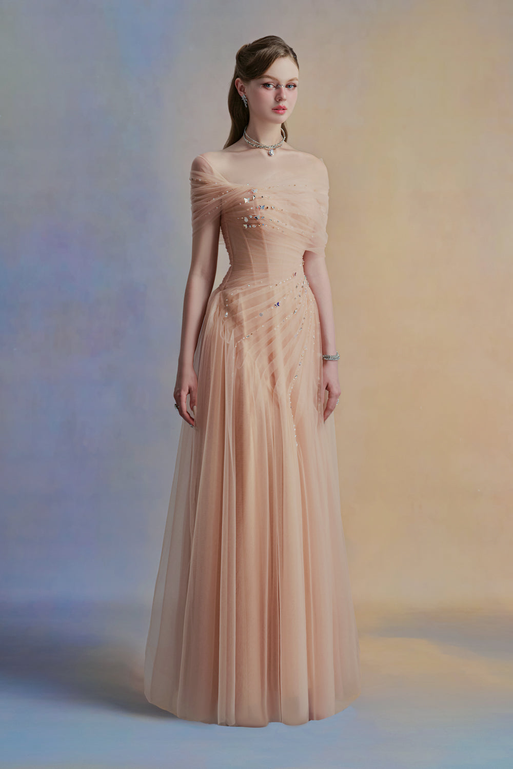 Floréa A-line Asymmetric Sleeved Tulle Floor Length Dress