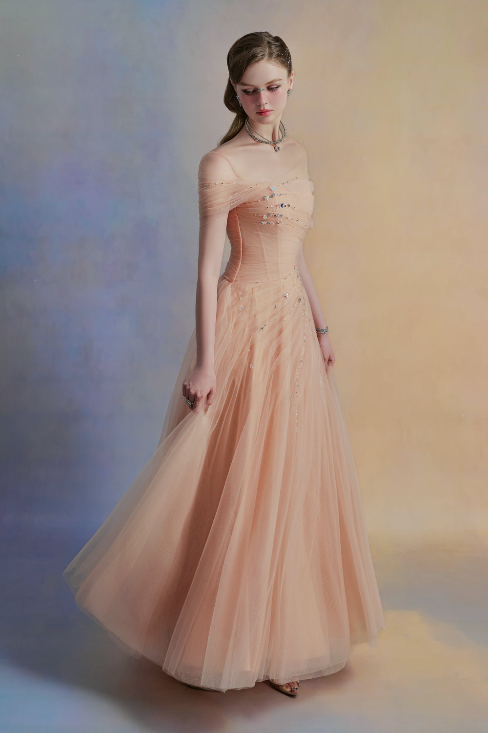Floréa A-line Asymmetric Sleeved Tulle Floor Length Dress