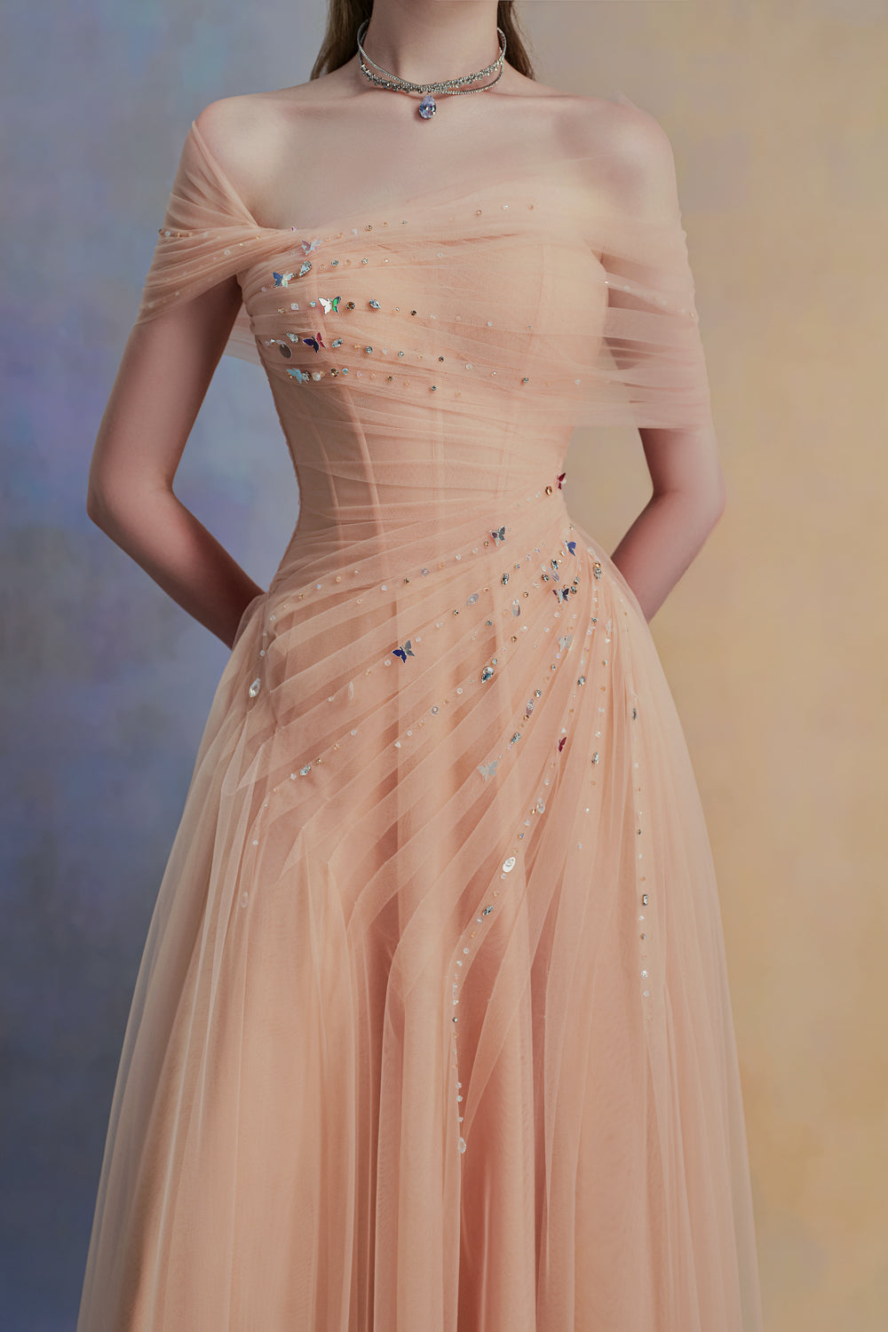 tulle asymmetric dress Elegant Asymmetric Shoulder Streamer Pleated decoration Tulle Dresses