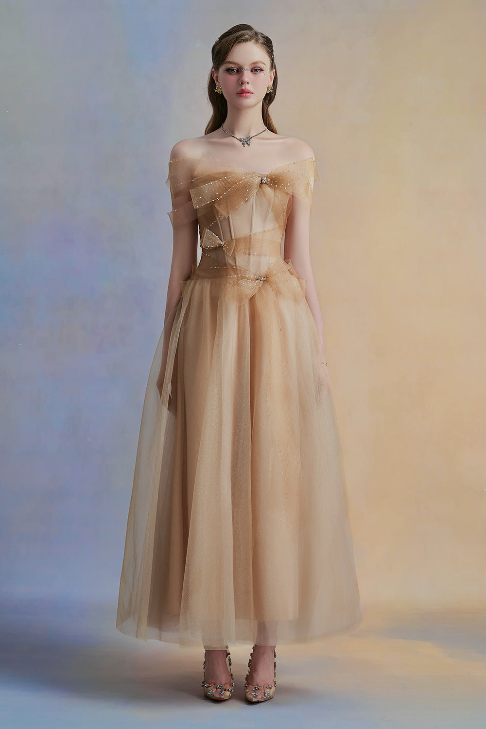 Yloria A-line Corset Waist Tulle Midi Dress