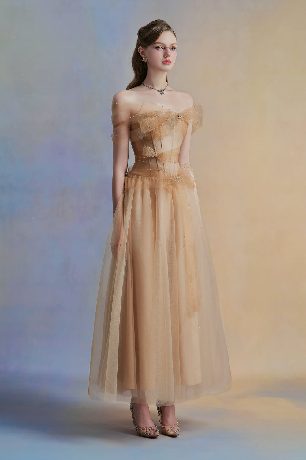 Women's Yloria A-Line Corset Waist Tulle Midi Dress S/M/L/Customize Nude Brown Mean Blvd Nude Brown / L Women's Yloria A-Line Corset Waist Tulle Midi Dress S/M/L/Customize Nude Brown Mean Blvd Nude Brown / L