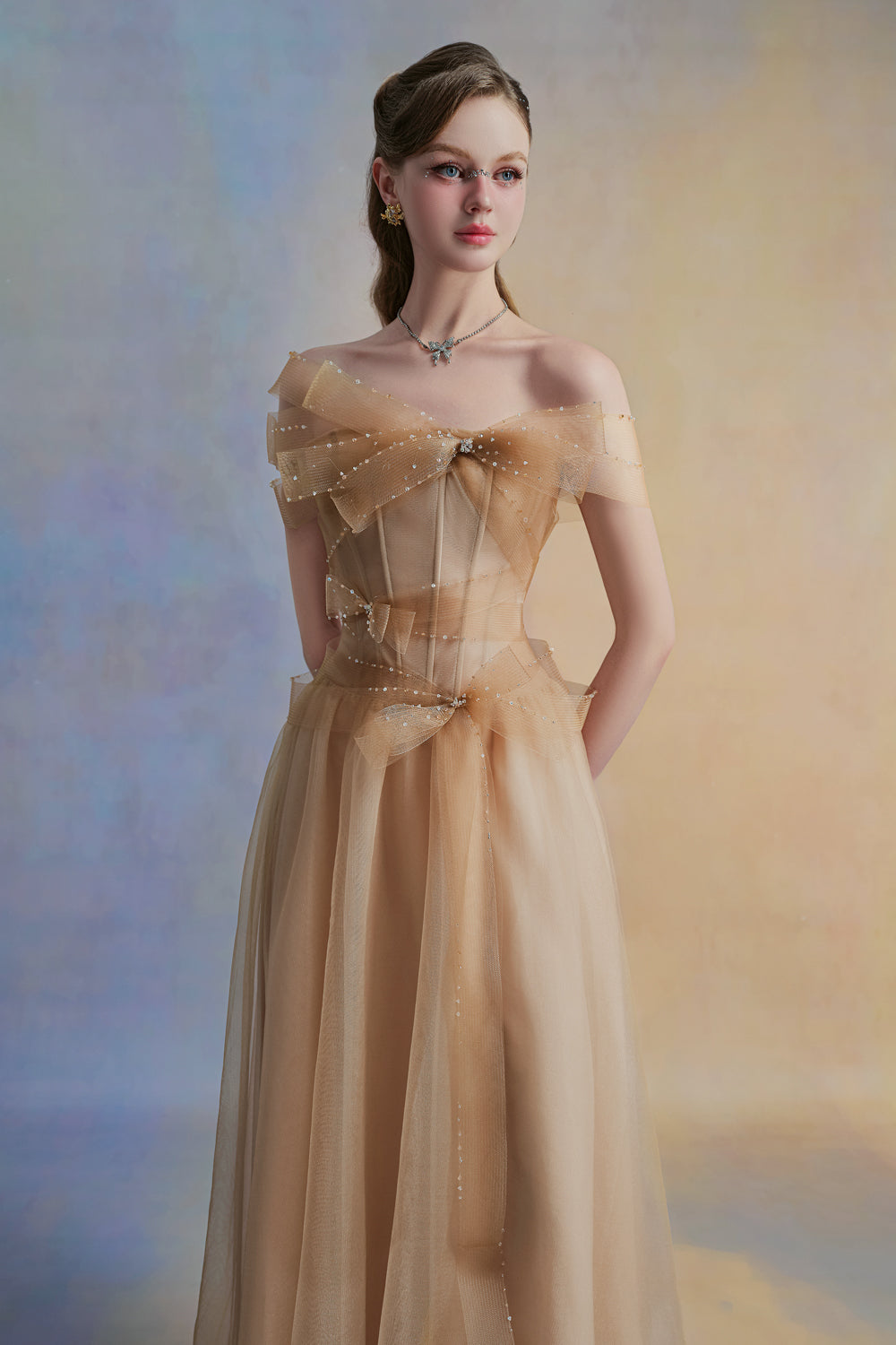 Yloria A-line Corset Waist Tulle Midi Dress