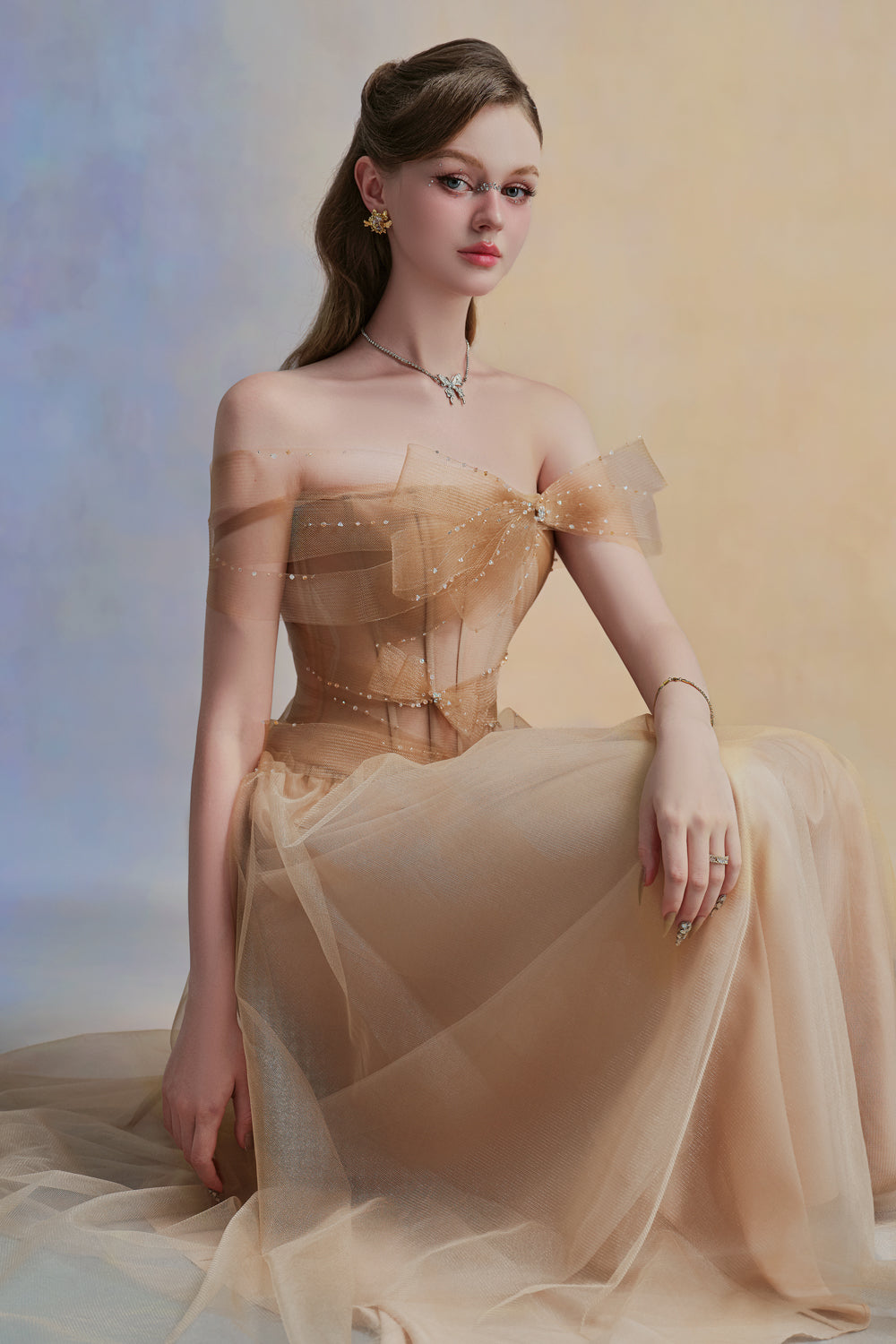 Yloria A-line Corset Waist Tulle Midi Dress