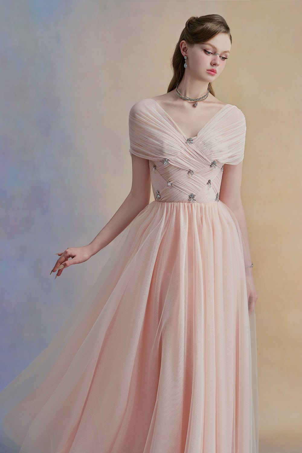 Women's Serinna A-line V-Neck Tulle Midi Dress S/M/L/Customize Blush Pink MEAN BLVD Blush Pink / M Women's Serinna A-line V-Neck Tulle Midi Dress S/M/L/Customize Blush Pink MEAN BLVD Blush Pink / M