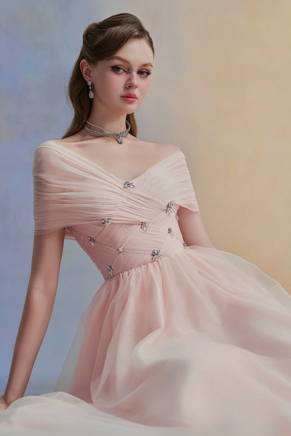 Women's Serinna A-Line V-Neck Tulle Midi Dress S/M/L/Customize Blush Pink Mean Blvd Blush Pink / M Women's Serinna A-Line V-Neck Tulle Midi Dress S/M/L/Customize Blush Pink Mean Blvd Blush Pink / M