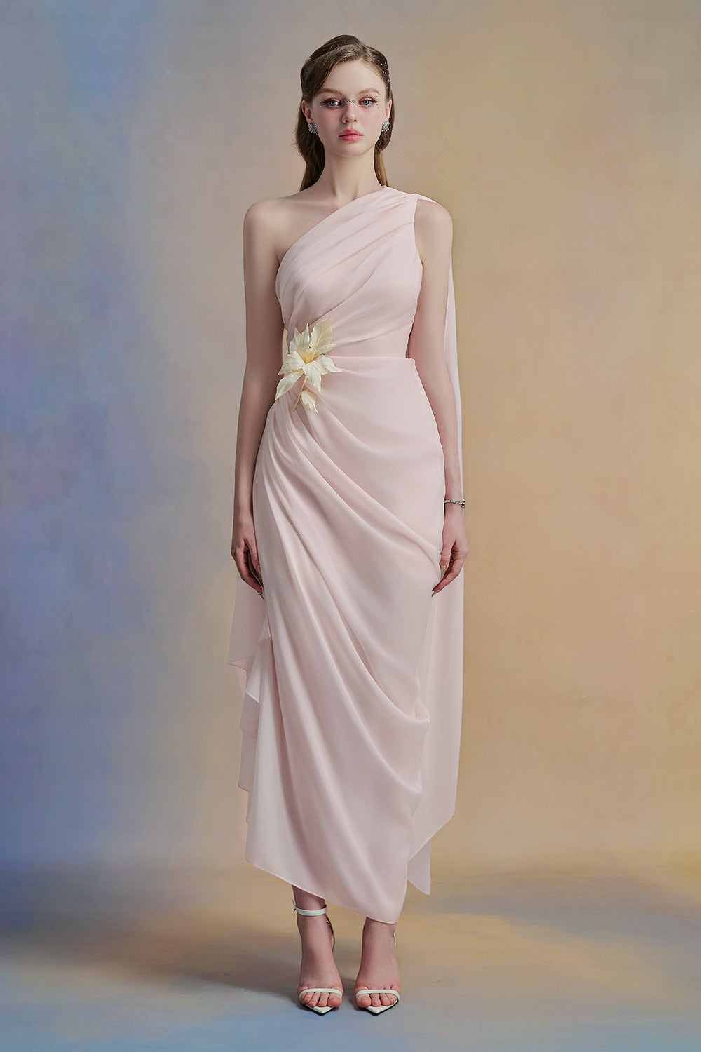 Selithe Sheath One Shoulder Silk Organza Midi Dress