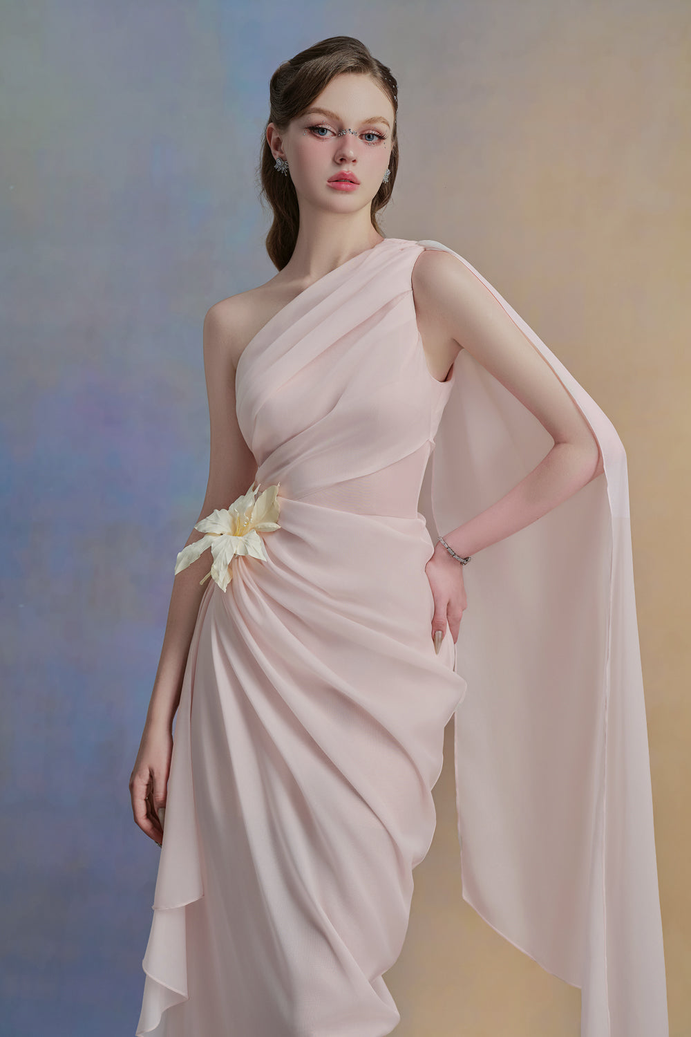 Selithe Sheath One Shoulder Silk Organza Midi Dress