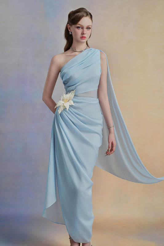 Selithe Sheath One Shoulder Silk Organza Midi Dress