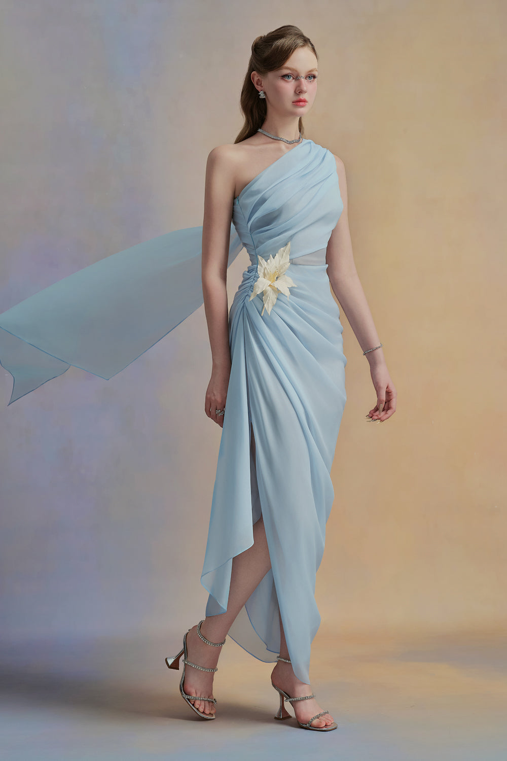 Selithe Sheath One Shoulder Silk Organza Midi Dress